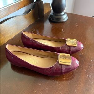 Salvatore Ferragamo Burgundy Flats with Gold Buckle